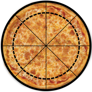 Diagram of a cheese pizza showing that the area of an 18" pie is 30% larger than a 14" cheese pie