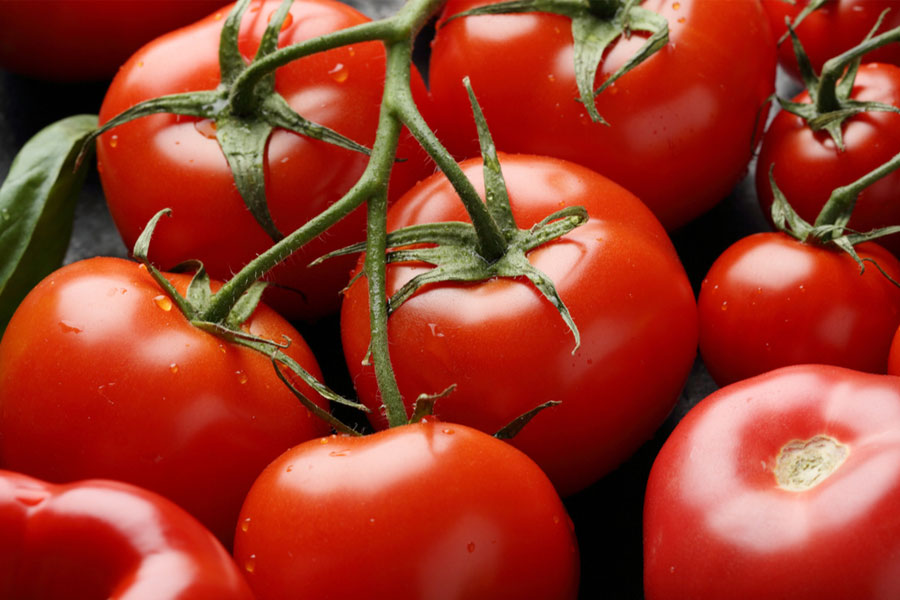 Tomatoes connected by their vine