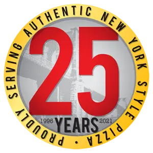 25th anniversary badge reading “Proudly Serving Authentic New York Style Pizza – 1996 to 2021.”