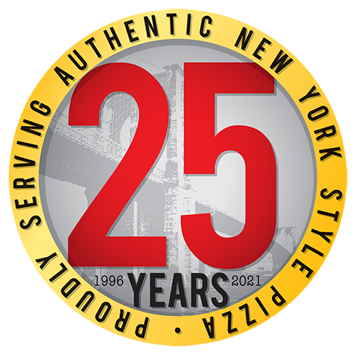 NYPD Pizza's 25th Anniversary Logo. A circular logo that says "Proudly Serving Authentic New York Style Pizza. 25 Years 1996 - 2021