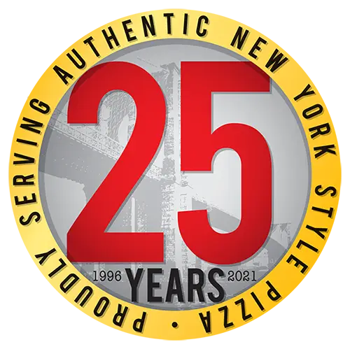 25th anniversary badge reading “Proudly Serving Authentic New York Style Pizza – 1996 to 2021.”
