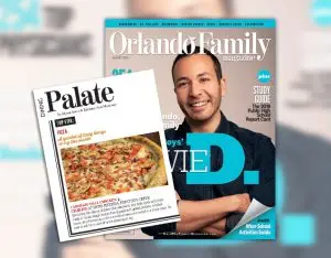 Orlando Family Magazine's August 2019 issue, Magazine cover featuring a smiling man with an inset article highlighting a pizza recommendation.