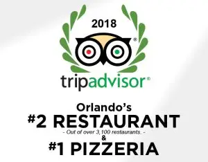 Tripadvisor 2018 graphic showing Orlando’s #2 restaurant and #1 pizzeria ranking.