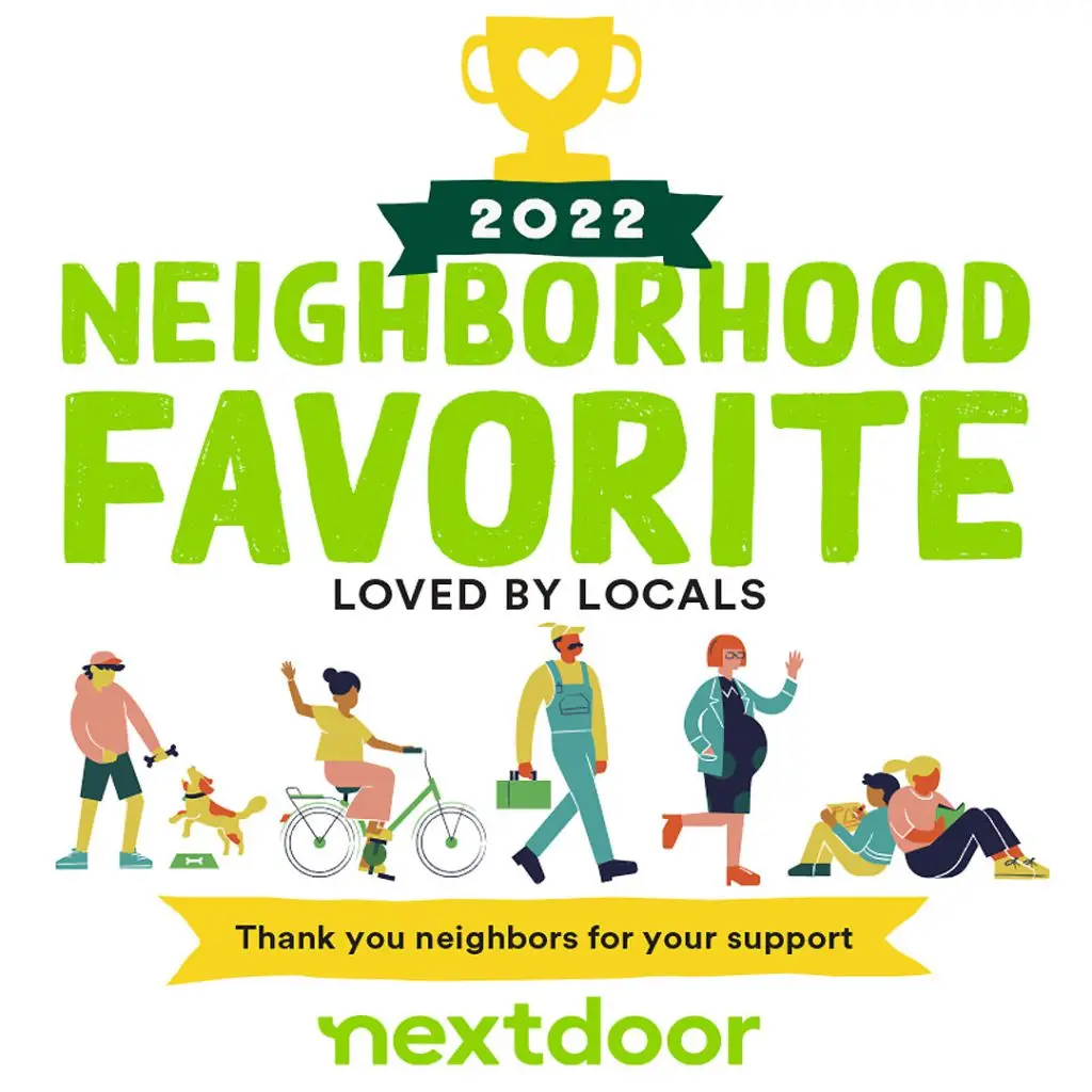 Nextdoor 2022 Neighborhood Favorite award graphic with illustrated community members and the text “Loved by Locals.”