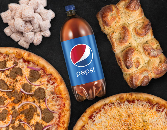 Image of NYPD Pizza's food and a Pepsi bottle