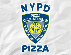 NYPD Pizza crest-style logo featuring a blue and yellow shield with the text “Pizza Delicatessen – Taste of New York.”