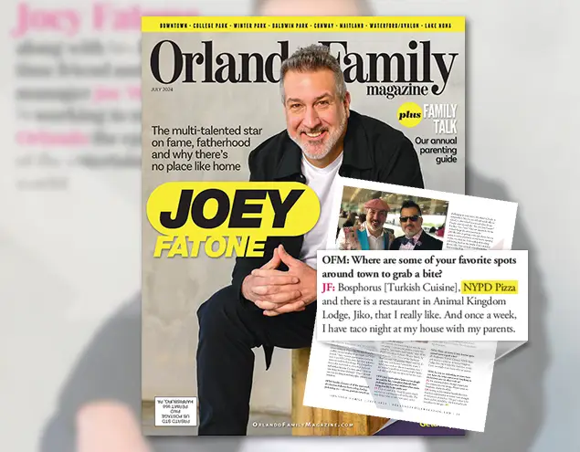 Orlando Family Magazine cover featuring a seated Joey Fatone smiling toward the camera, with an inset showing a highlighted article mentioning NYPD Pizza.