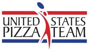 United States Pizza Team logo with a stylized figure tossing a pizza between red and blue horizontal bars.