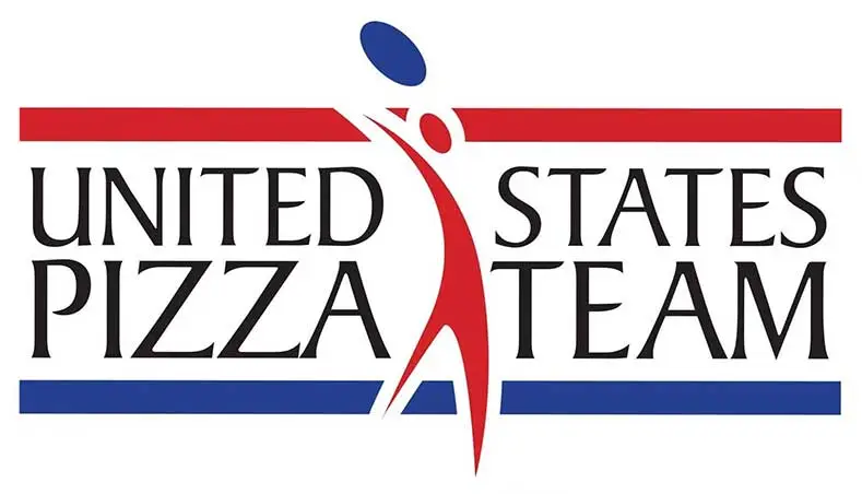 United States Pizza Team logo with a stylized figure tossing a pizza between red and blue horizontal bars.