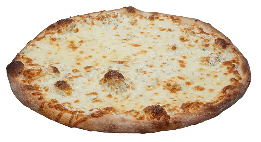 White pizza topped with herb ricotta, mozzarella, minced garlic, and Italian herbs on a golden crust.