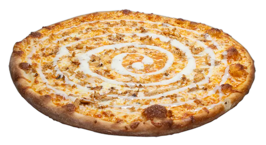 Round pizza topped with grilled chicken, Buffalo wing sauce, mozzarella, and a spiral drizzle of bleu cheese dressing.