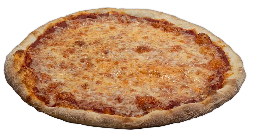 Whole cheese pizza topped with mozzarella, Italian herbs, and tomato sauce on a baked golden crust.