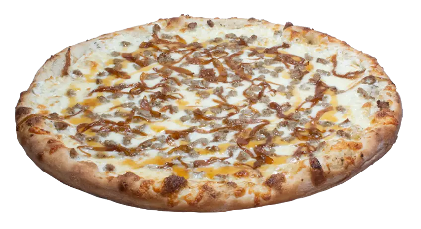 Round white pizza topped with sausage, caramelized onion, mozzarella, and a drizzle of hot honey on a golden crust.