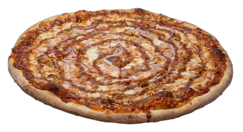 Round pizza topped with grilled chicken, red onion, mozzarella, and a blend of barbecue and tomato sauces.