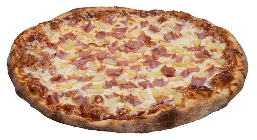Round pizza topped with ham, pineapple, mozzarella, and tomato sauce on a golden crust.