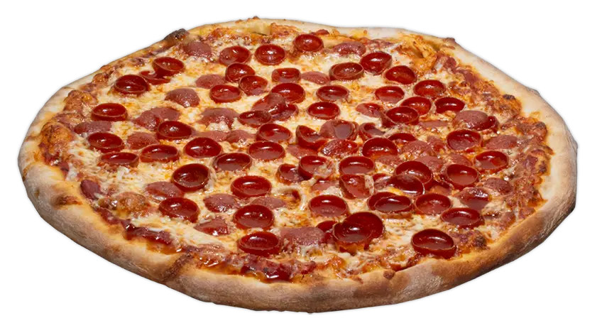Round pizza topped with char-and-cup pepperoni, mozzarella, tomato sauce, and a drizzle of hot honey.