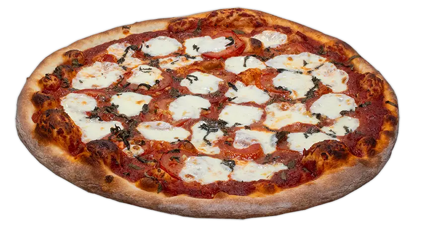 Round Margherita pizza topped with fresh mozzarella, roasted Roma tomatoes, tomato sauce, fresh basil, minced garlic, and olive oil.