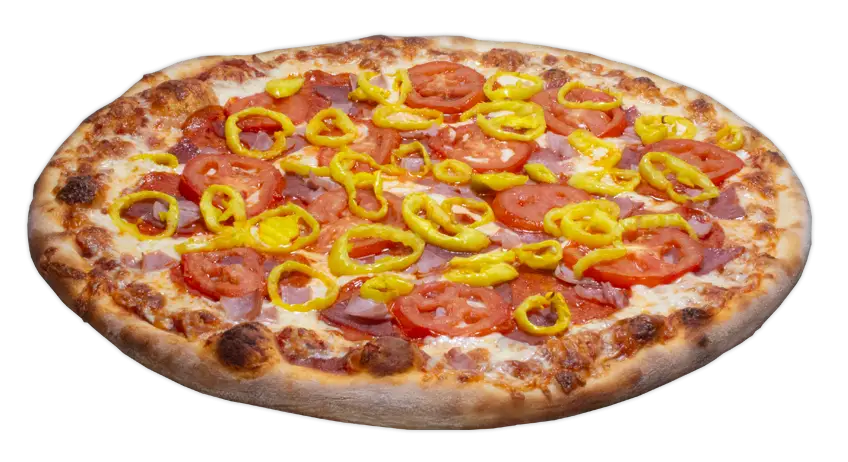 Round pizza topped with ham, salami, pepperoni, roasted Roma tomatoes, banana peppers, mozzarella, and a buttered crust.