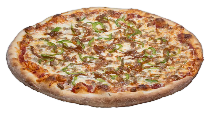 Round pizza topped with Italian fennel sausage, green peppers, caramelized onion, mozzarella, and tomato sauce on a golden crust.