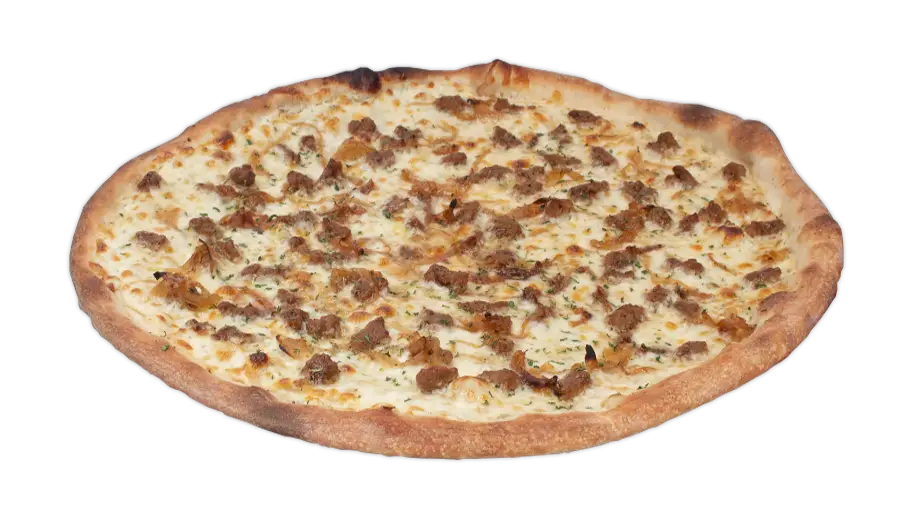 Round white pizza topped with sausage, caramelized onion, mozzarella, and a drizzle of hot honey on a golden crust.