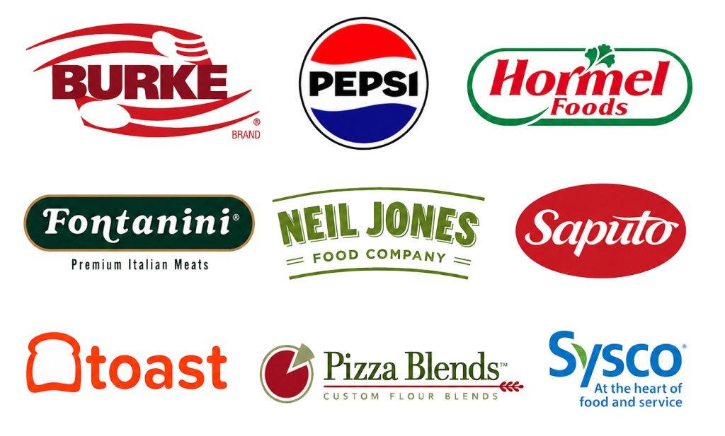 Collection of food service and restaurant partner logos displayed on a light gray background.