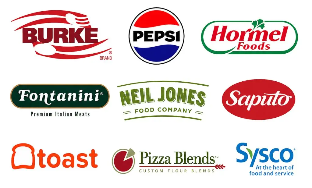 Collection of food service and restaurant partner logos displayed on a light gray background.