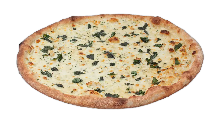 Round white pizza topped with mozzarella, Asiago, ricotta, Parmesan, garlic, and fresh basil on a golden crust.